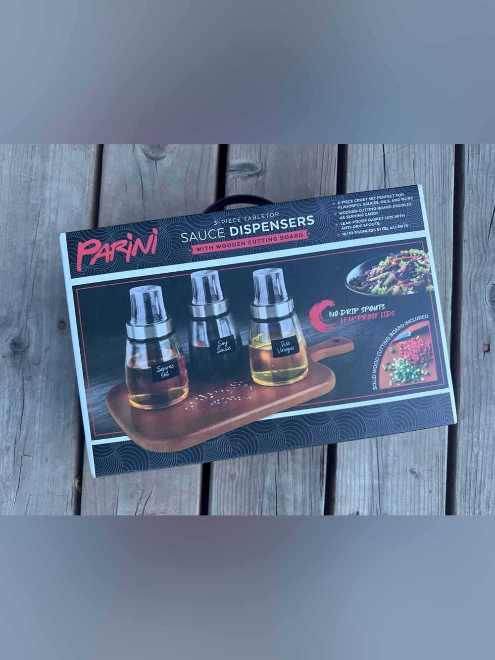 NEW Parini 3-Piece Tabletop Sauce Dispenser Set with Wooden Serving Board